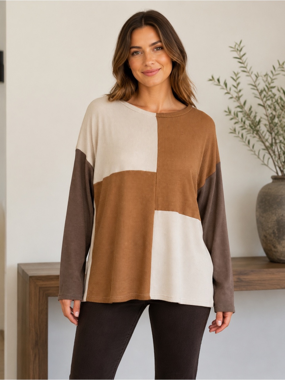 Like Love Colorblock Waffle Knit Oversized Pullover Sweater - Size Medium